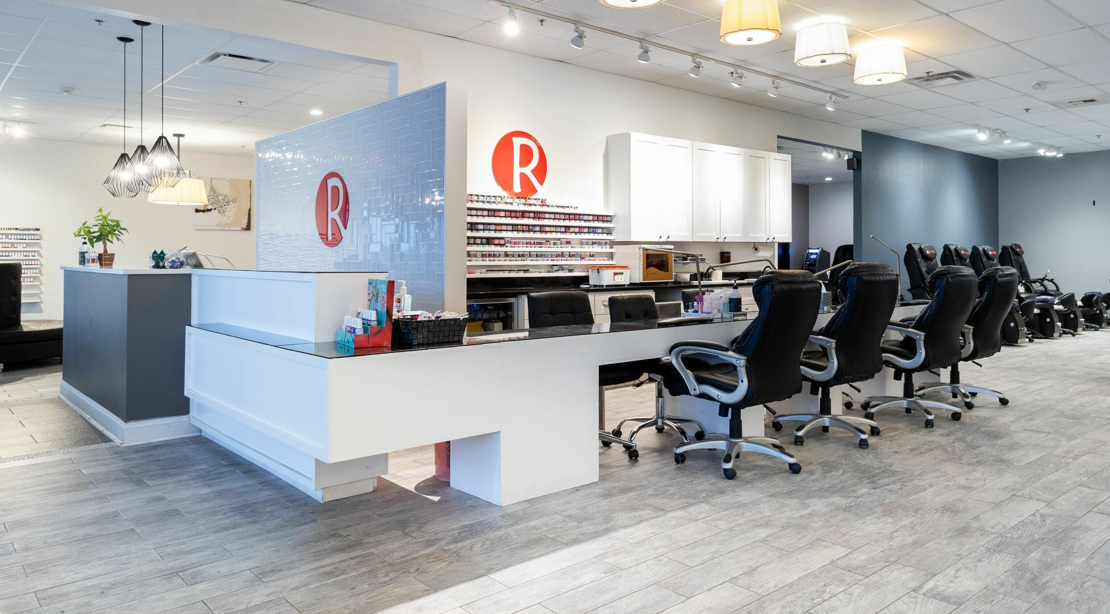 Interior of Ruby Nails in Brookfield, Wisconsin, US, featuring chic nail stations and stylish decor.