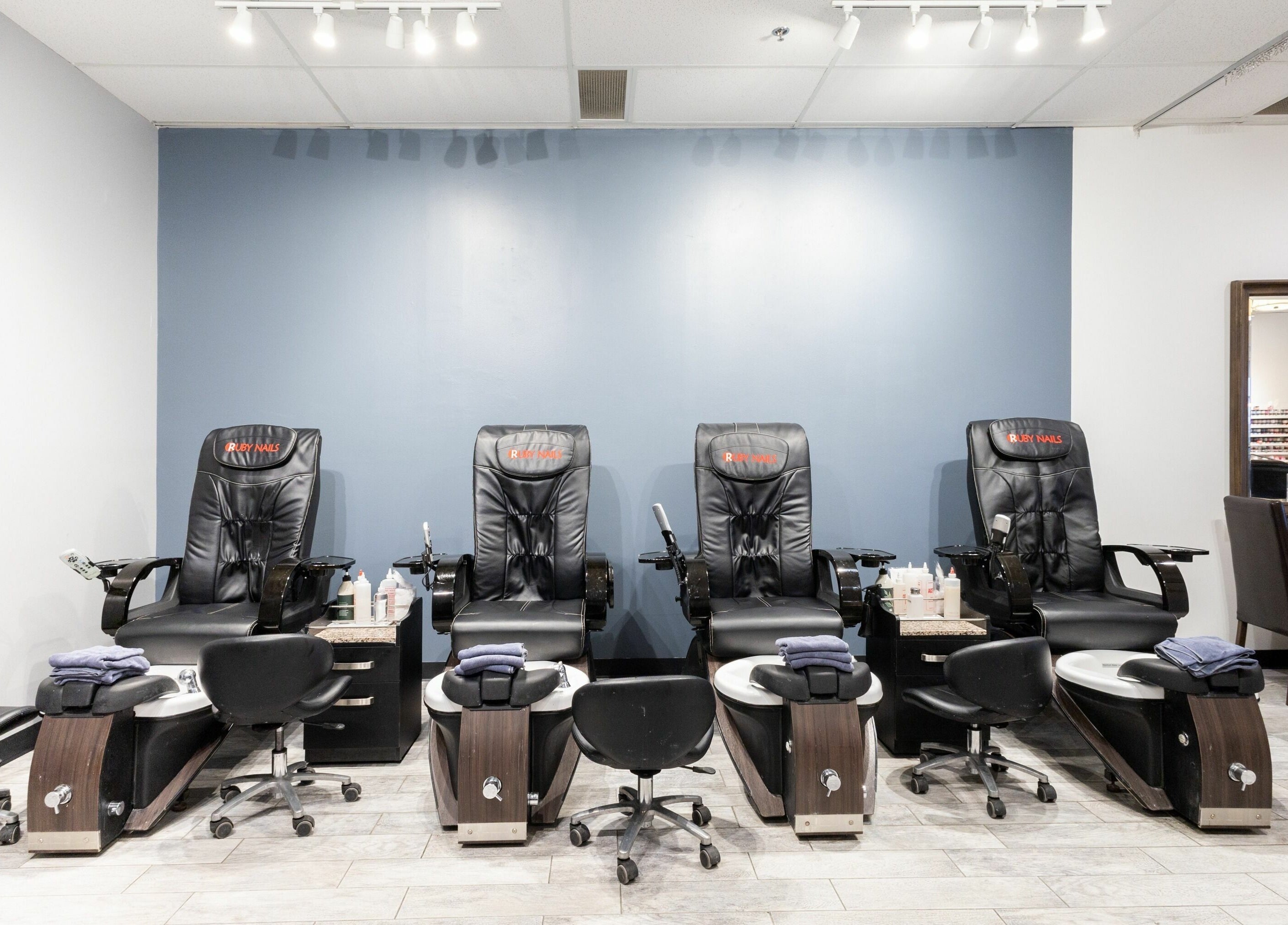 Ruby Nails' inviting pedicure chairs lined up for guests in Brookfield, Wisconsin, US.