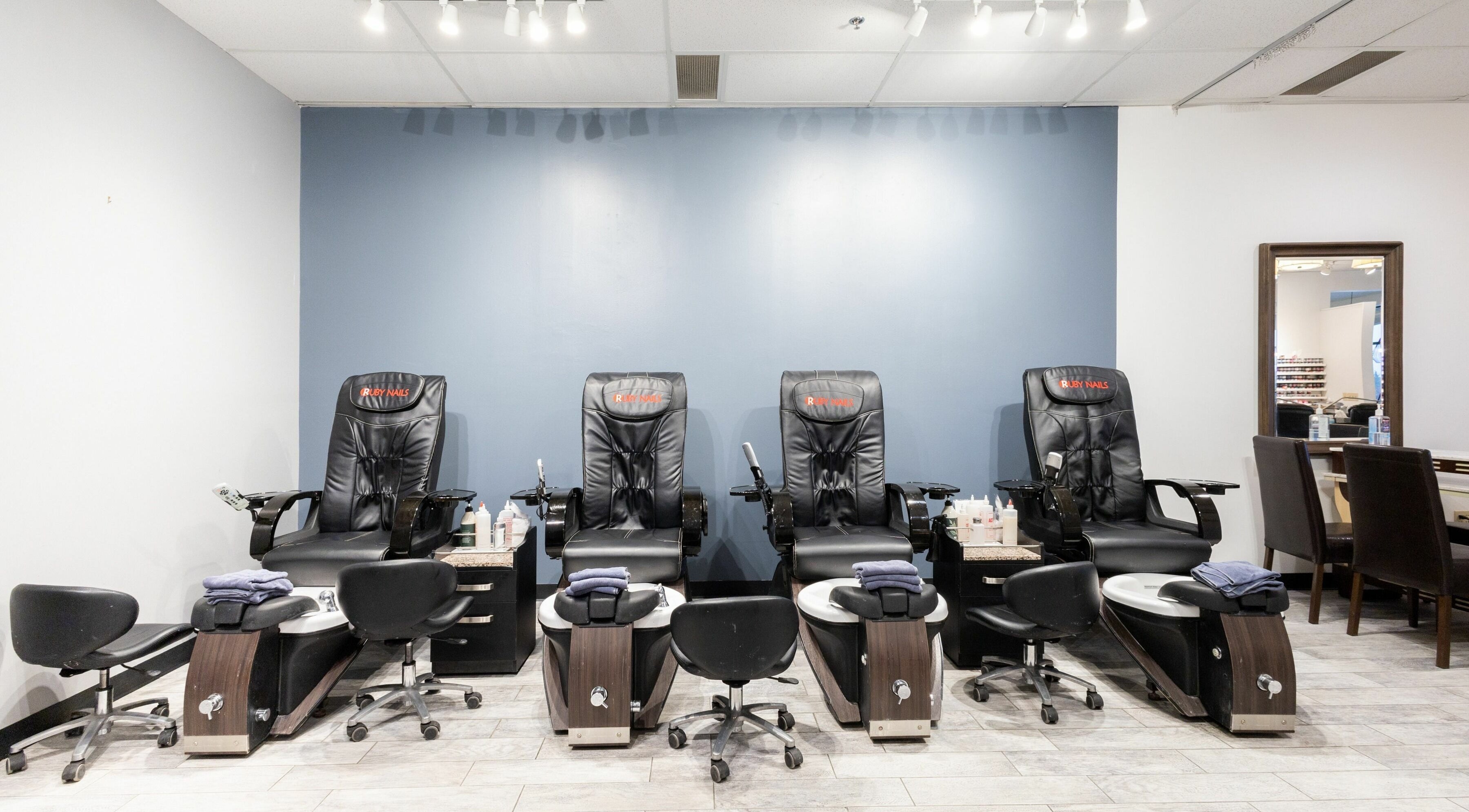 Ruby Nails' inviting pedicure chairs lined up for guests in Brookfield, Wisconsin, US.