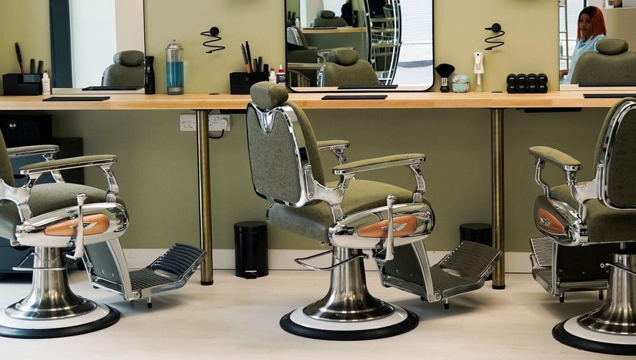 Modern salon chairs at Garcia Hair Lounge, London, England, GB reflect sleek design and comfort.