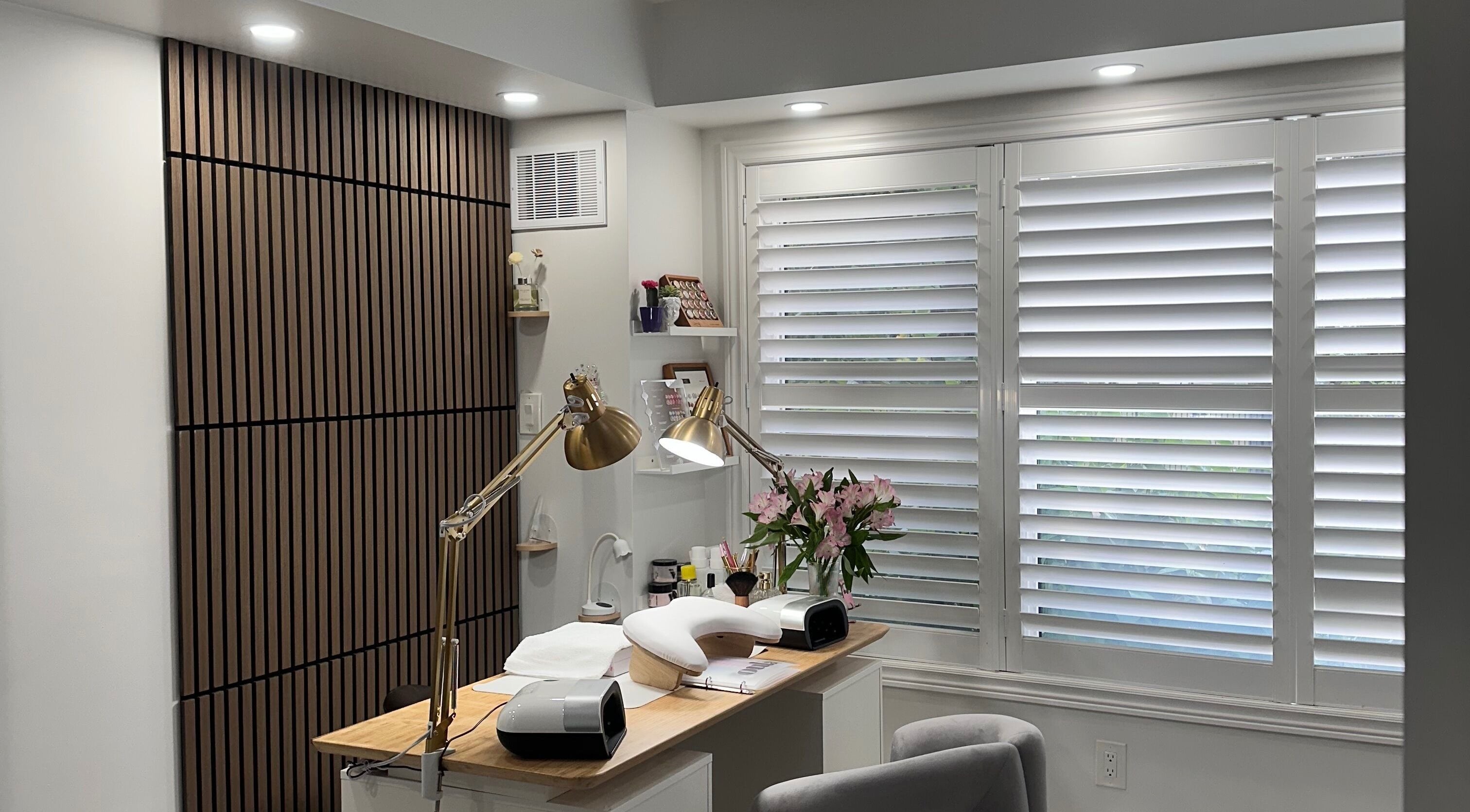 Modern beauty station at Nhi Nguyen, Pickering, Ontario, CA with elegant decor and soft lighting.