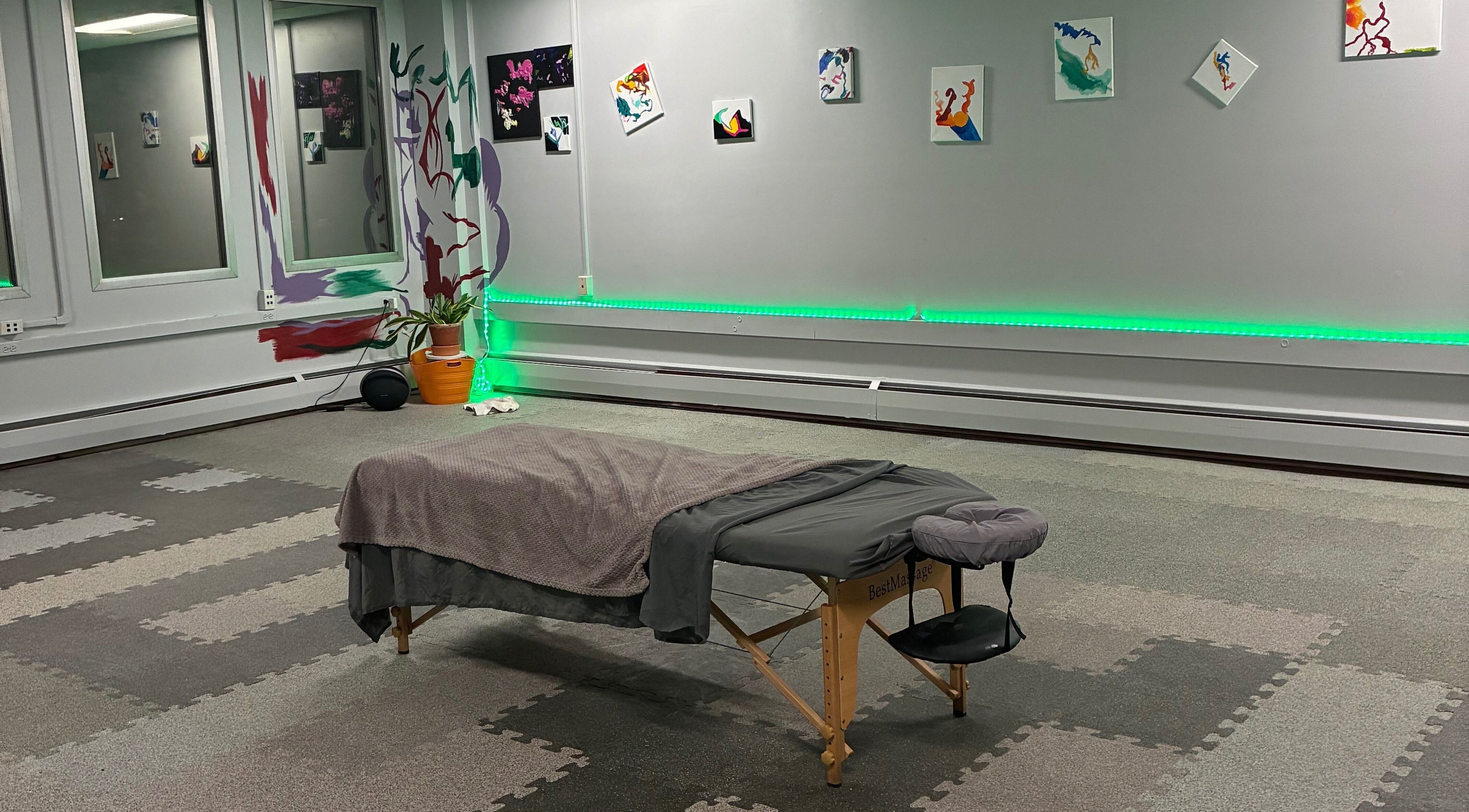 Relaxing massage room at TEAspot: Denver Pilates on the Move, Denver, Colorado, US with soothing decor.