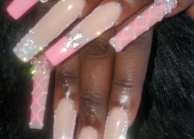 Intricate pink nail art at Sheika's Artistic Designs, Wakefield, Trelawny Parish, JM.