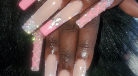 Intricate pink nail art at Sheika's Artistic Designs, Wakefield, Trelawny Parish, JM.