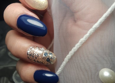 Elegant navy and glitter nail art at 50 Shades of Beauty and Slimming, Cape Town, Western Cape, ZA.