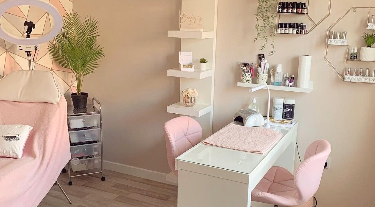 Chic beauty station at Becky's Beauty Lounge, Salisbury, England, GB, featuring pastel decor and modern amenities.