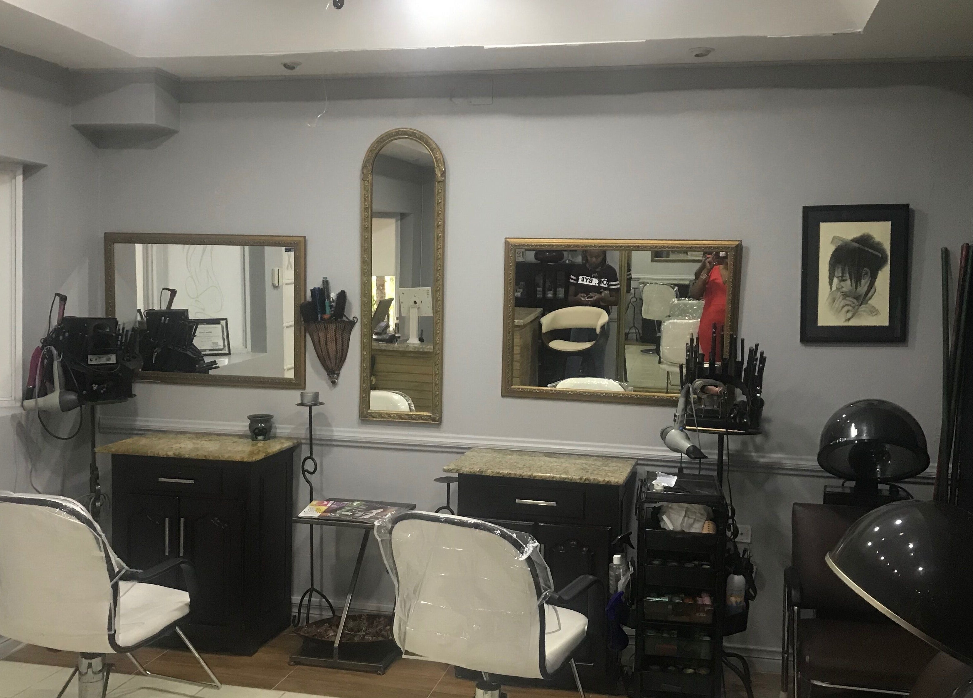 Elegant styling area at The Salon Hair and Scalp Clinic Ja Ltd in Kingston, St. Andrew Parish, JM.