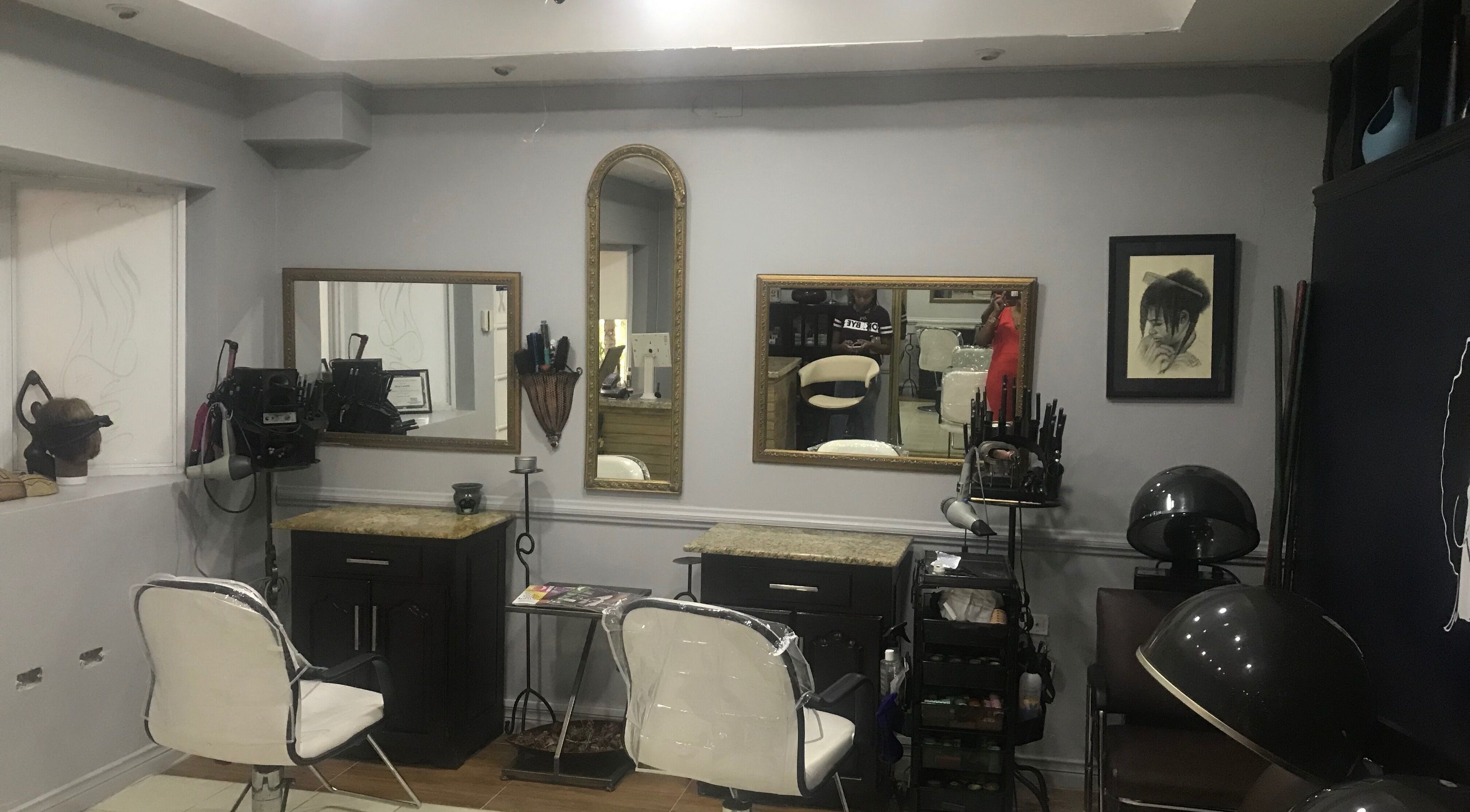 Elegant styling area at The Salon Hair and Scalp Clinic Ja Ltd in Kingston, St. Andrew Parish, JM.