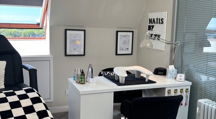Modern nail station at Nails by Skye in Paisley, Scotland, GB showcasing tools and decor.