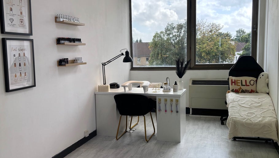 Cozy nail station at Nails by Skye in Paisley, Scotland, GB, featuring modern decor and natural light.