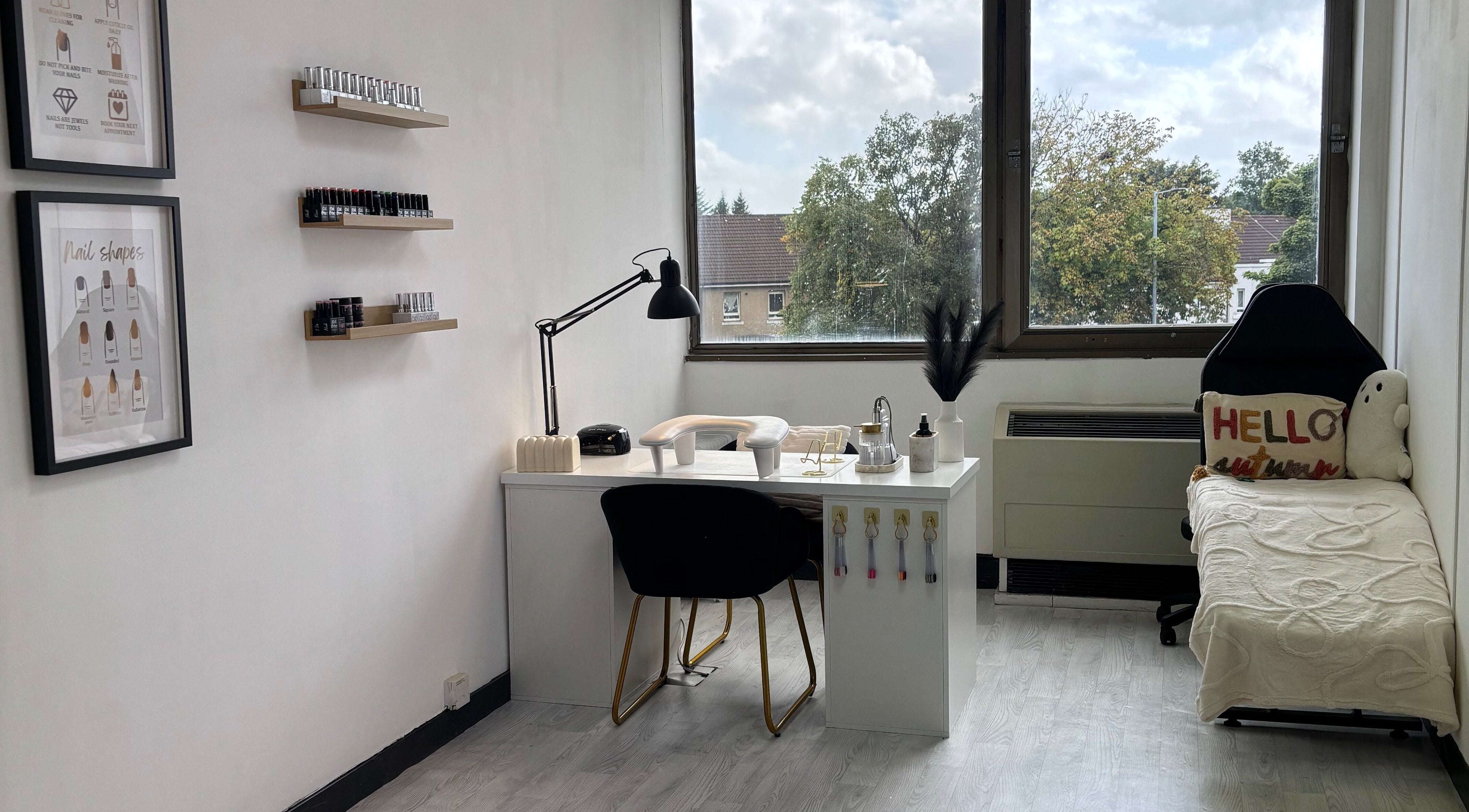 Cozy nail station at Nails by Skye in Paisley, Scotland, GB, featuring modern decor and natural light.