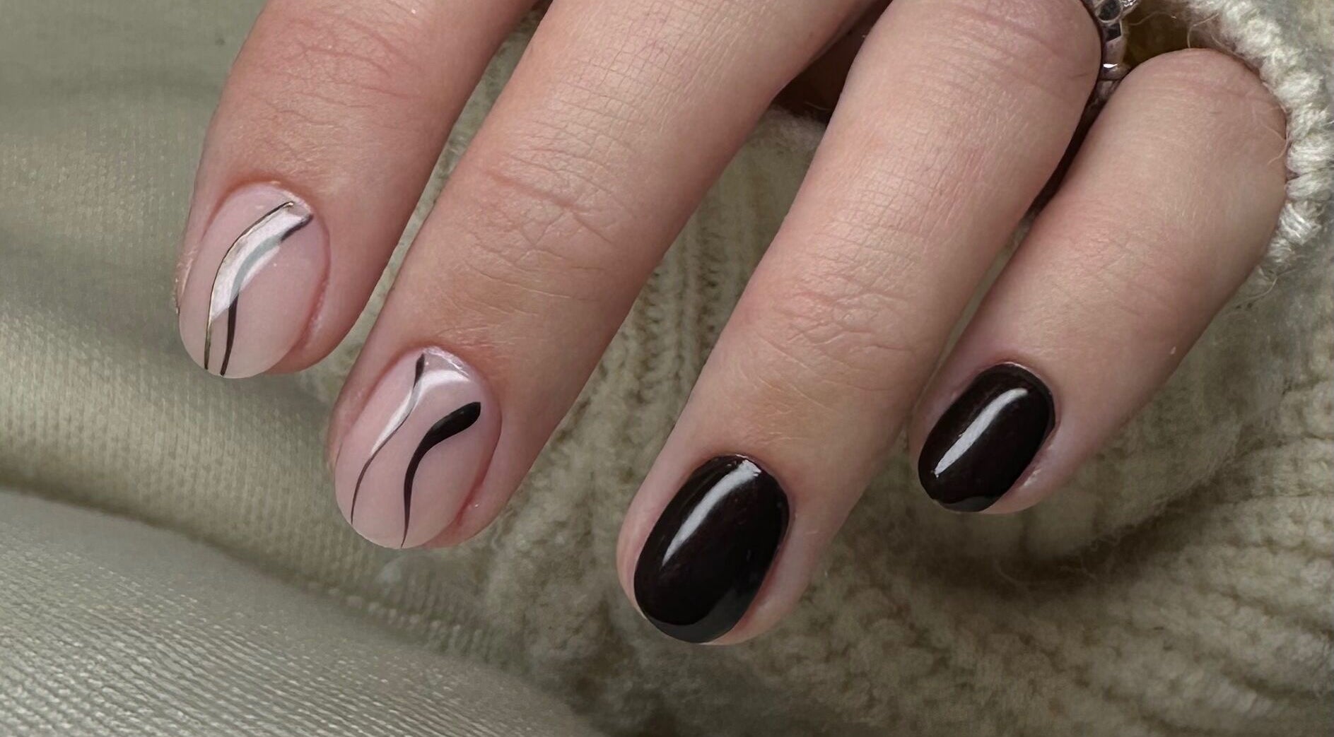 Chic nail design with black and nude tones at Beauty House, Oughterard, County Galway, IE.