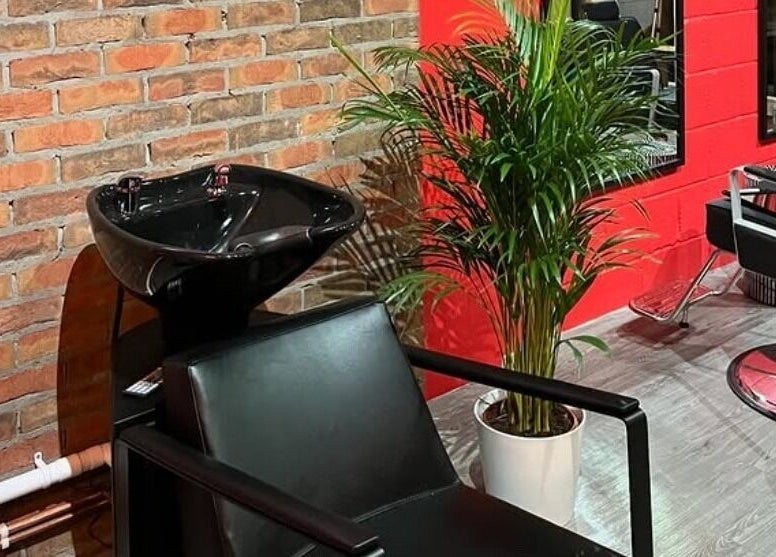 Modern salon interior at Cult.Collective in Bristol, England, GB with sleek chairs, plants, and vibrant decor.