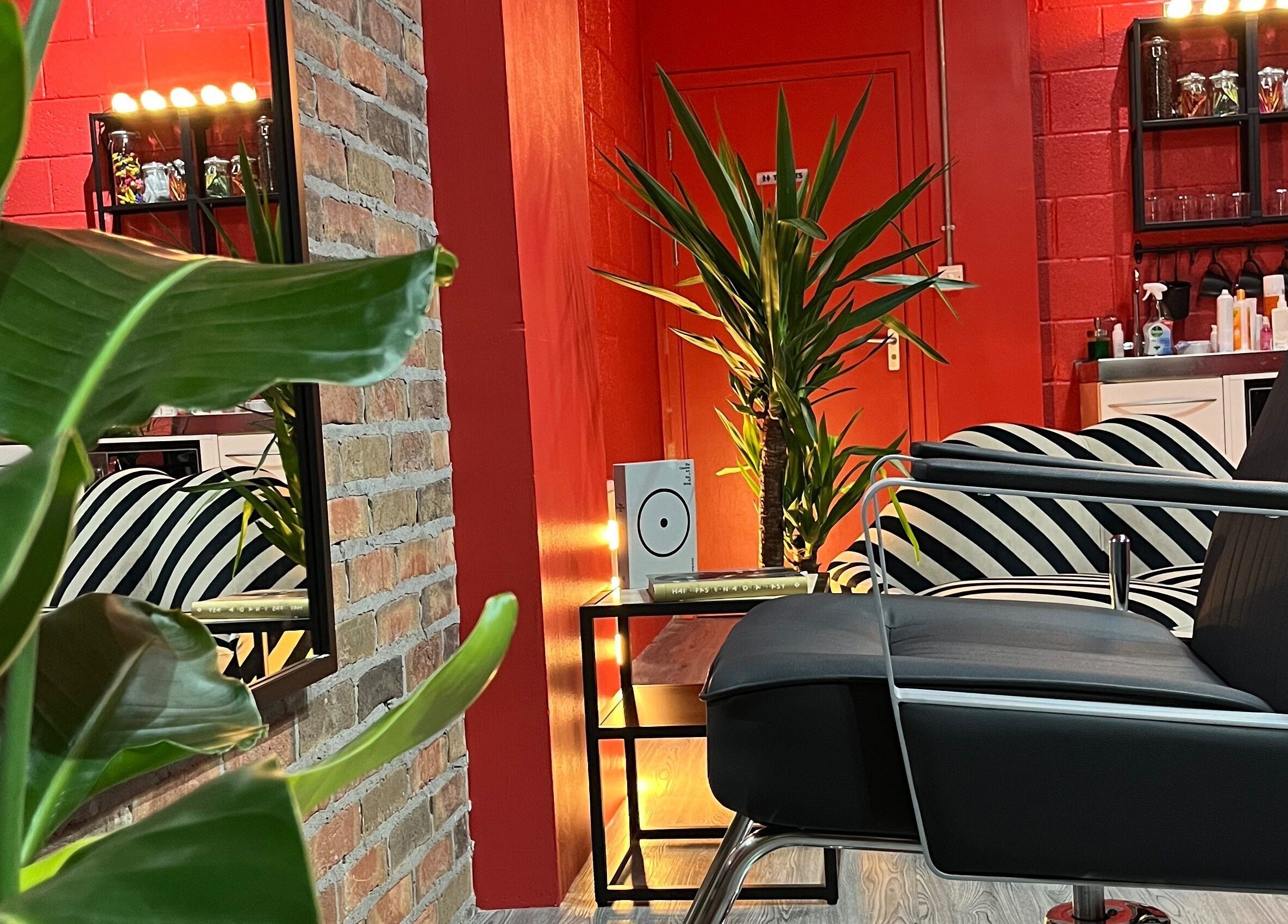 Vibrant lounge at Cult.Collective, Bristol, England with black chair, striped wall and green plant.