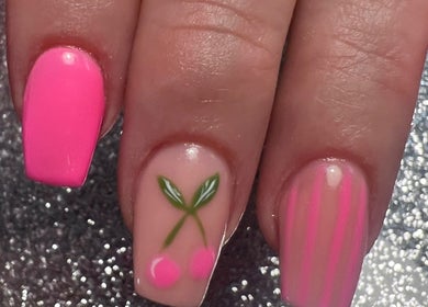 Vibrant cherry-themed nail art at Glitzy Nailz Fairy, Isle Of Man, Onchan, IM. Perfect for chic styles.