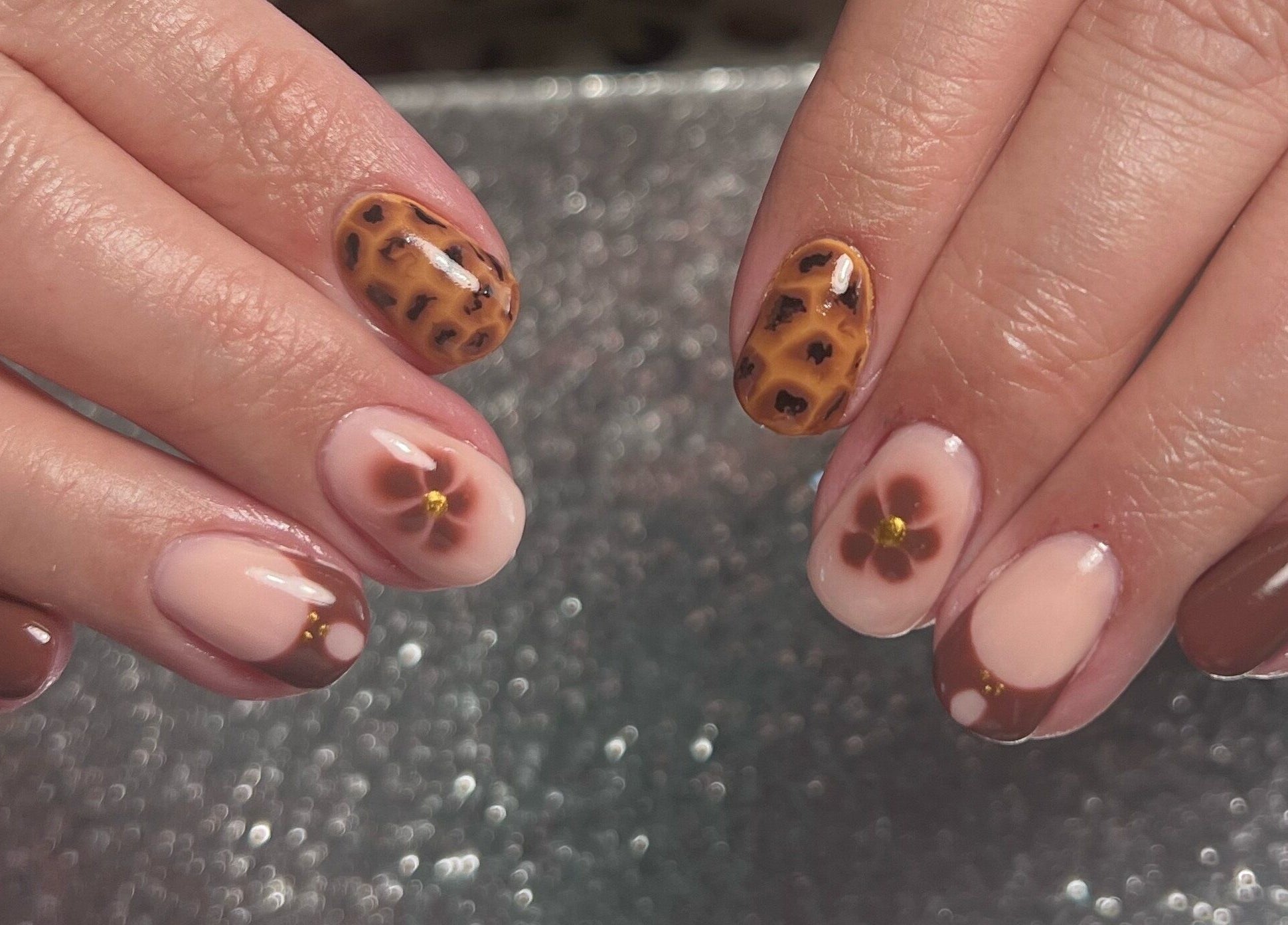 Elegant brown and flower nail art by Glitzy Nailz Fairy, Isle Of Man, Onchan, IM.