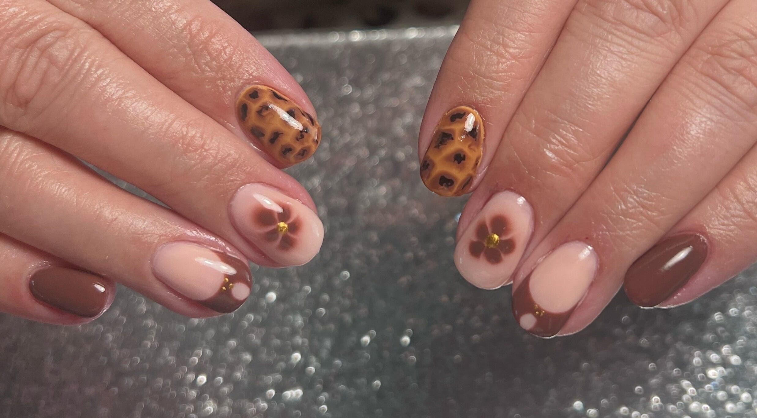 Elegant brown and flower nail art by Glitzy Nailz Fairy, Isle Of Man, Onchan, IM.