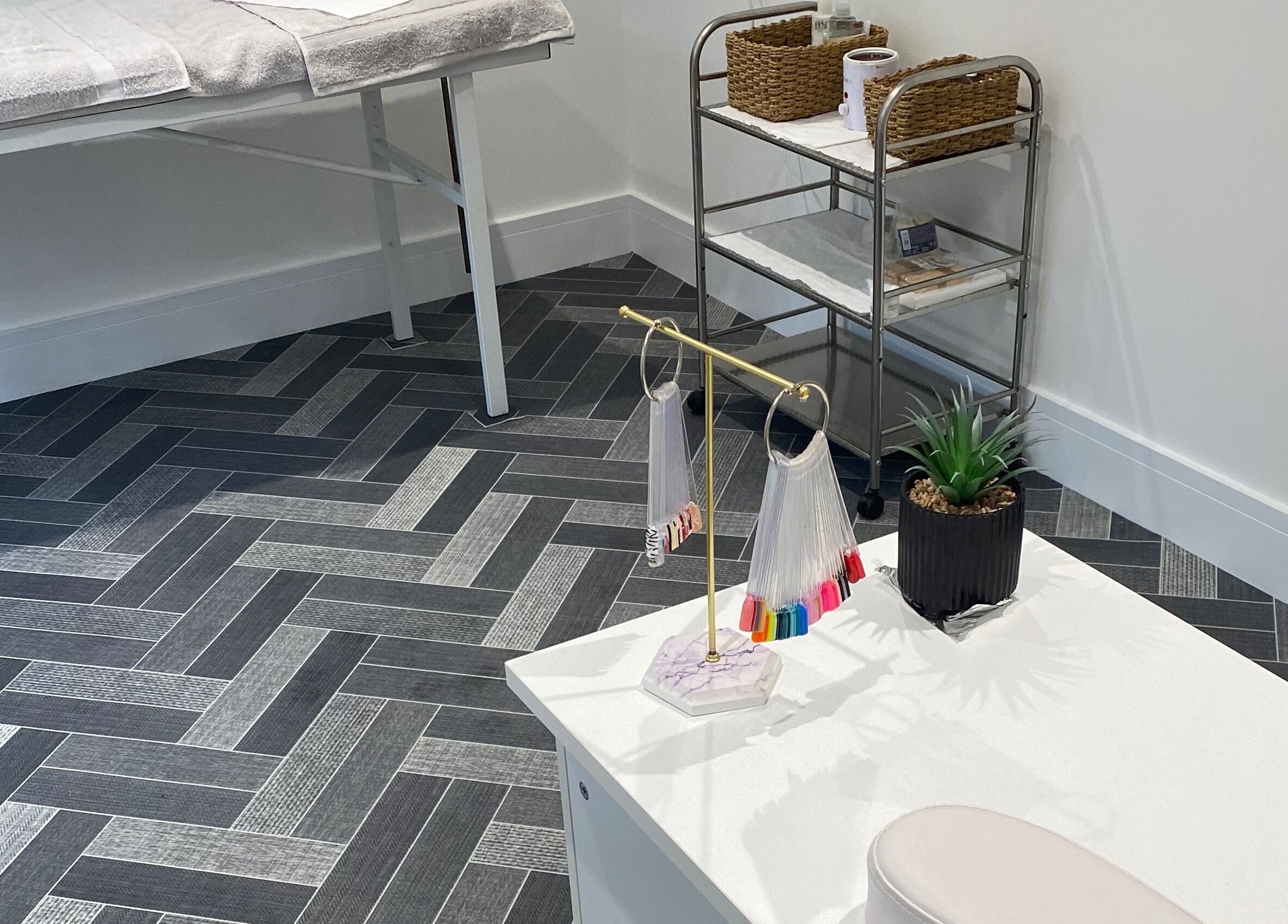 Chic, modern nail setup at Nailsbysadie, Merthyr Tydfil, Wales, GB ready for pampering sessions.