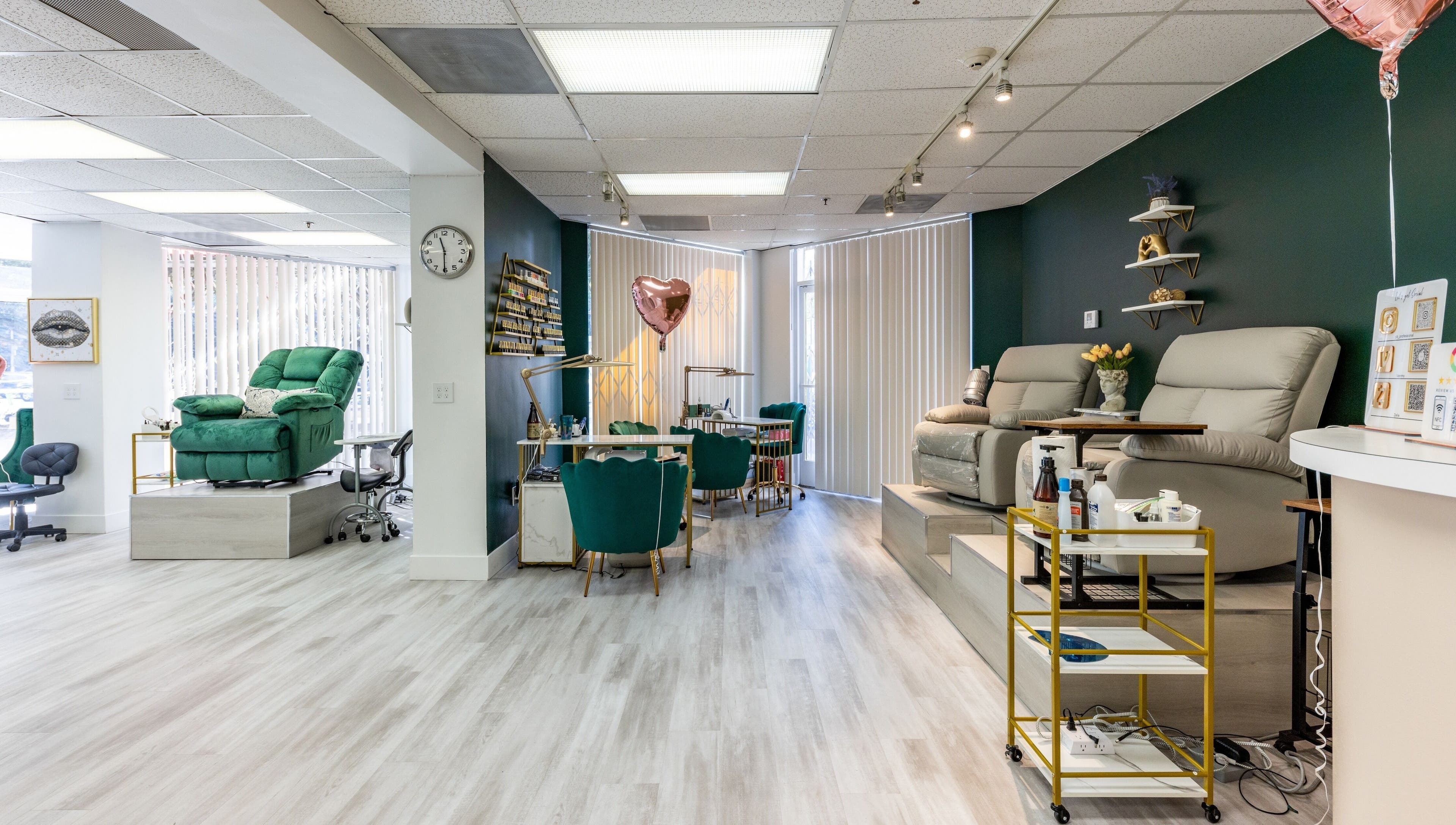 Elegant beauty salon interior at Yb Professional Downtown LA, Los Angeles, California, US, featuring plush seating.
