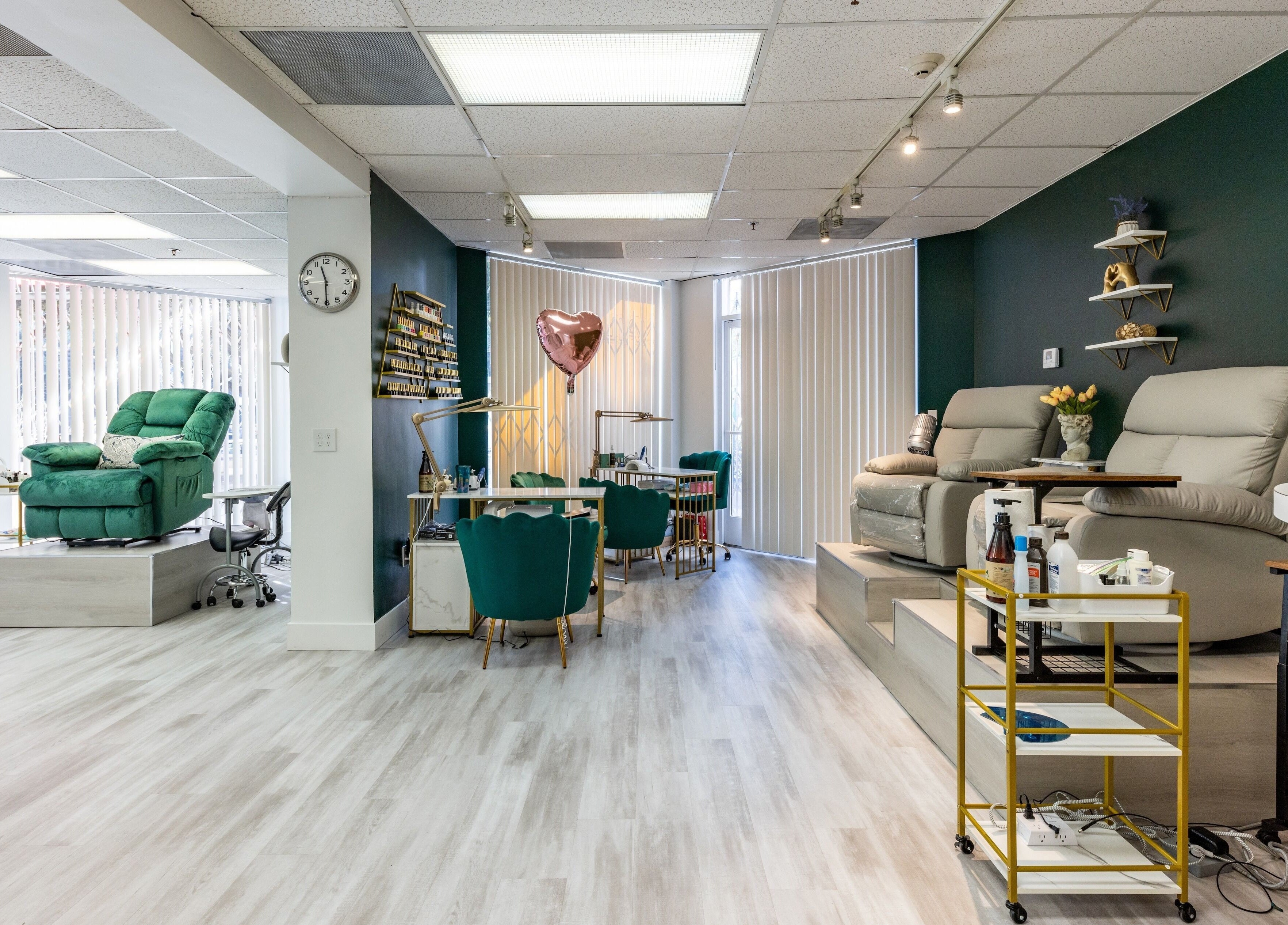 Elegant beauty salon interior at Yb Professional Downtown LA, Los Angeles, California, US, featuring plush seating.