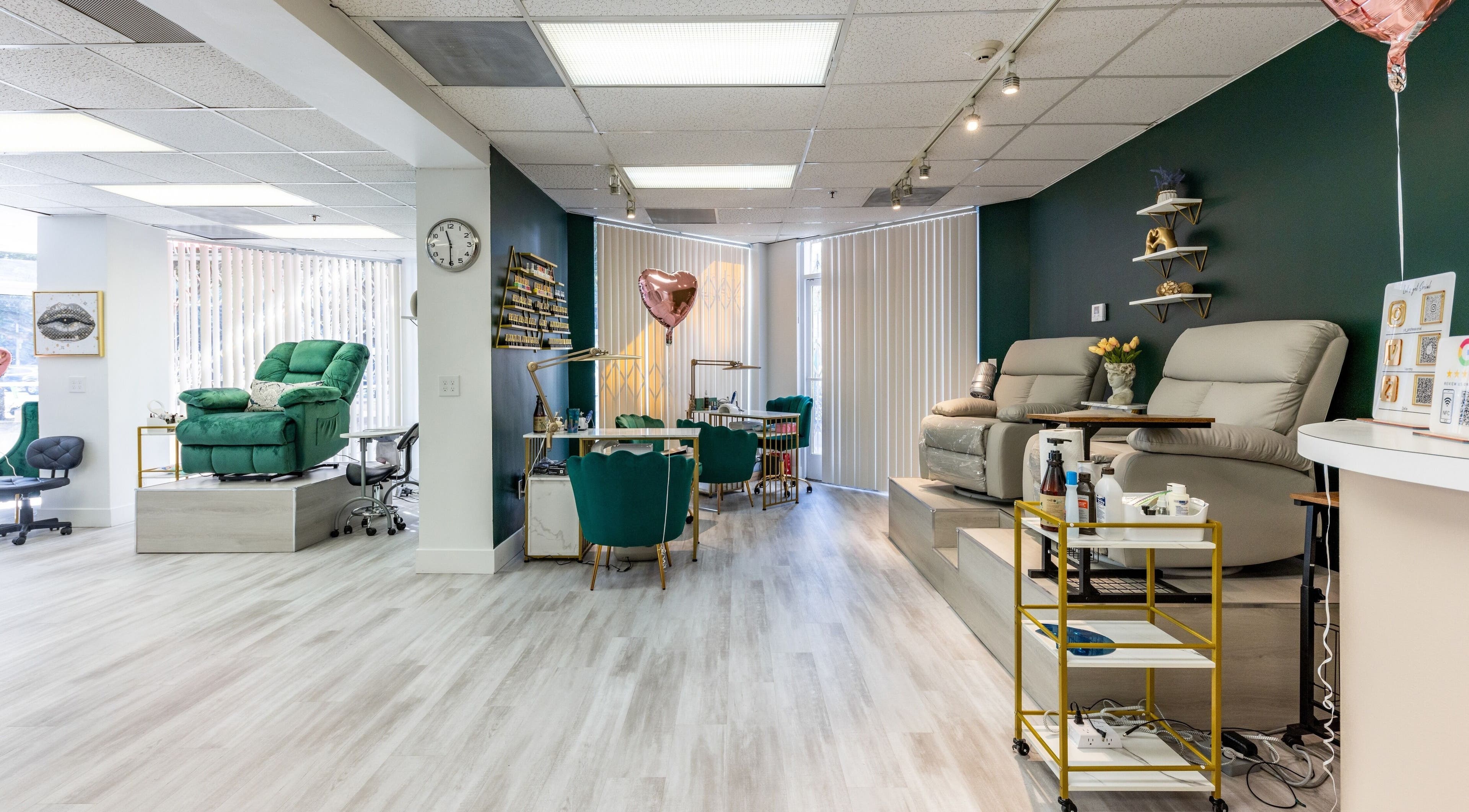 Elegant beauty salon interior at Yb Professional Downtown LA, Los Angeles, California, US, featuring plush seating.