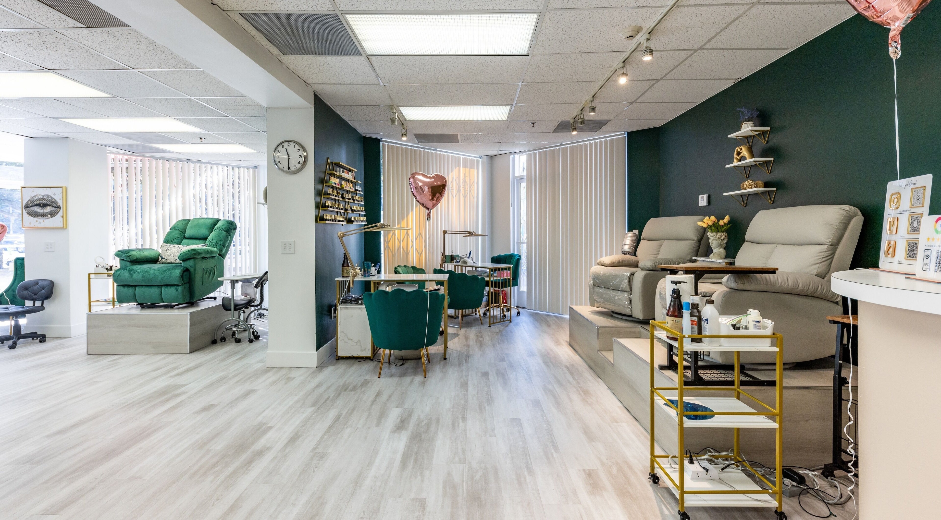 Elegant beauty salon interior at Yb Professional Downtown LA, Los Angeles, California, US, featuring plush seating.