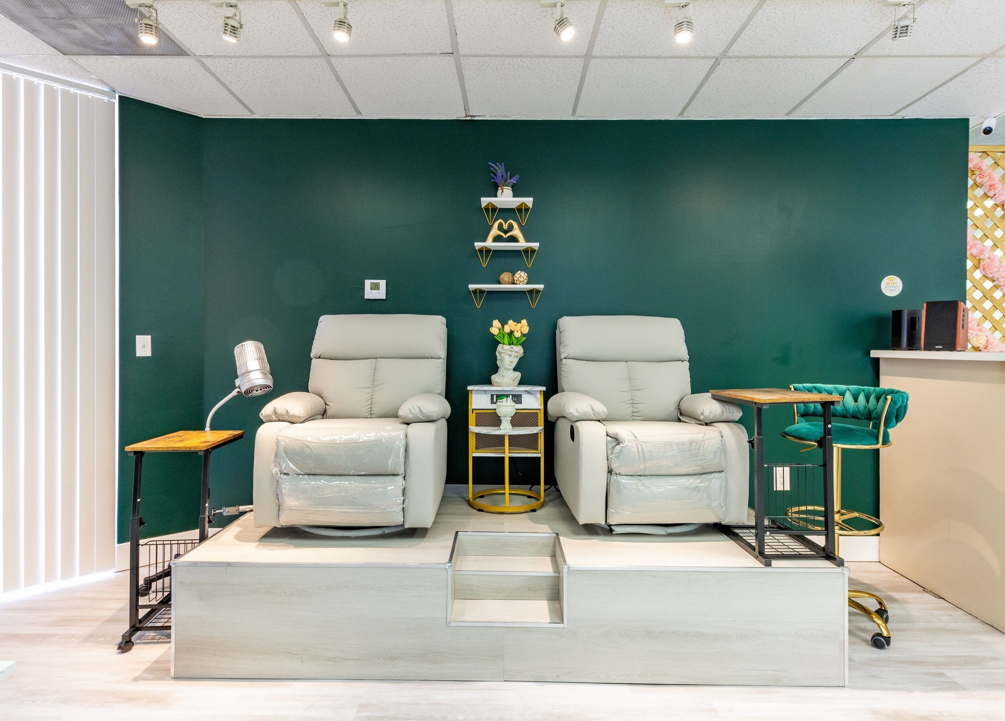 Comfortable reclining chairs at Yb Professional Downtown LA, Los Angeles, California, US offering a serene spa setting.