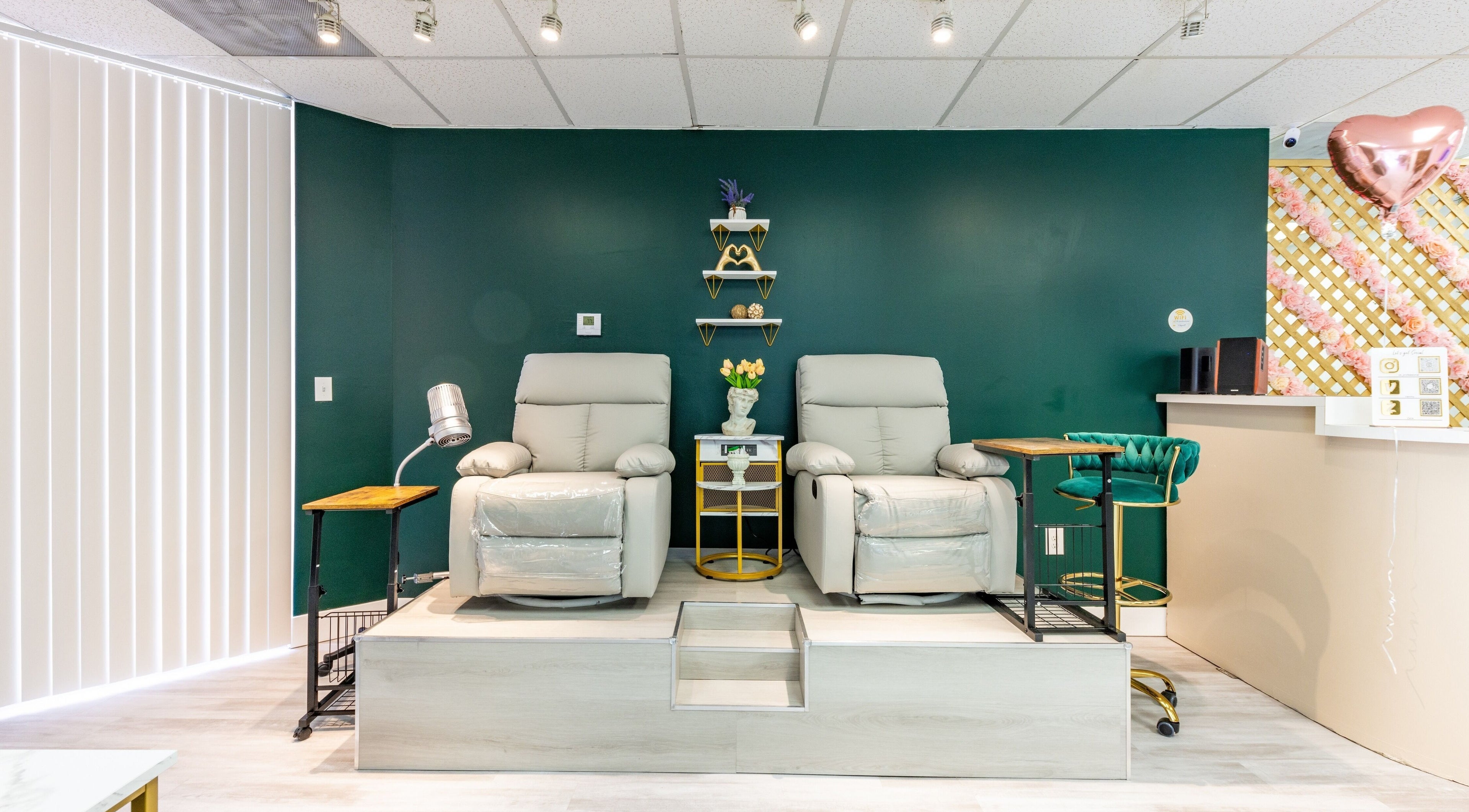 Comfortable reclining chairs at Yb Professional Downtown LA, Los Angeles, California, US offering a serene spa setting.