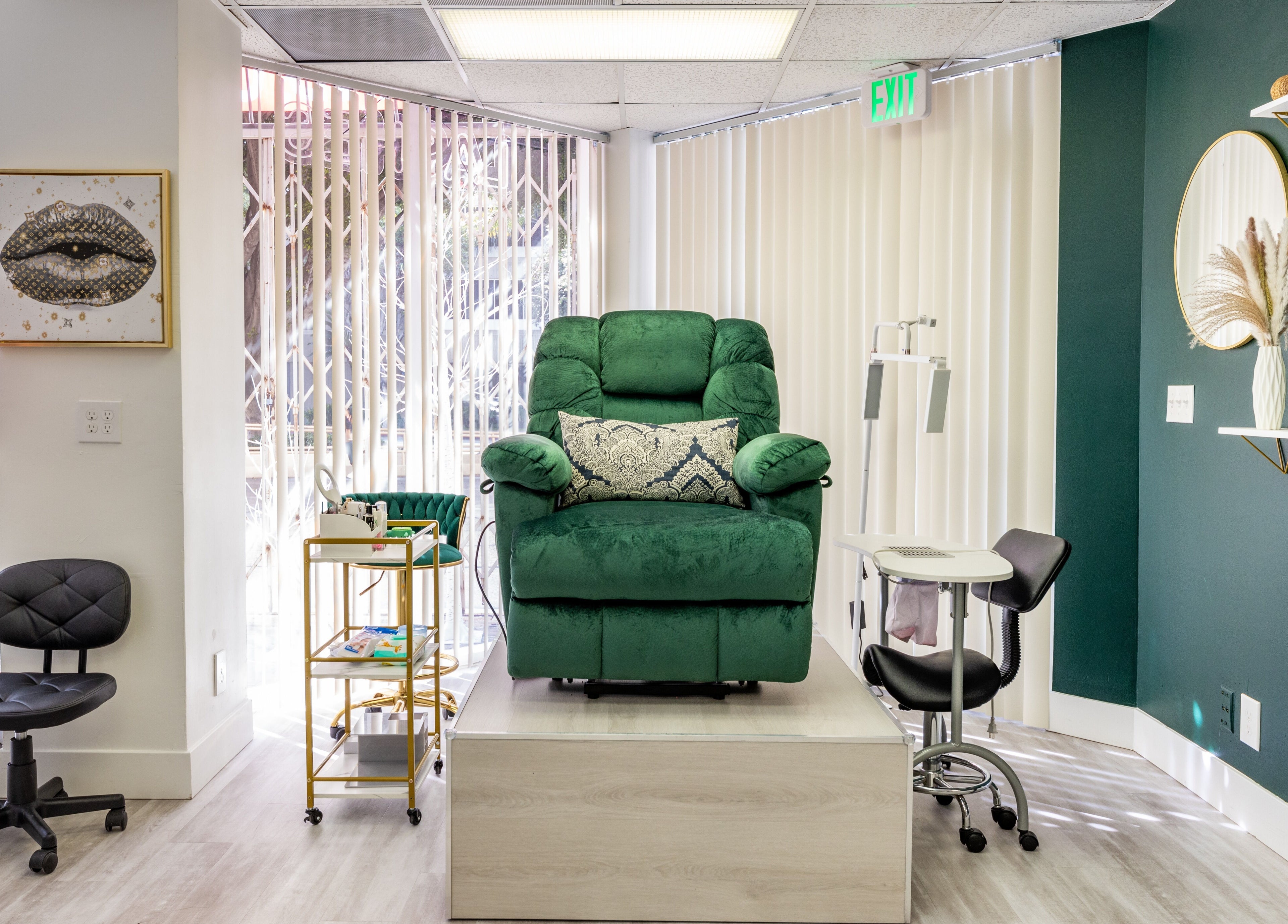 Luxurious green chair at Yb Professional Downtown LA, Los Angeles, California, US spa room.