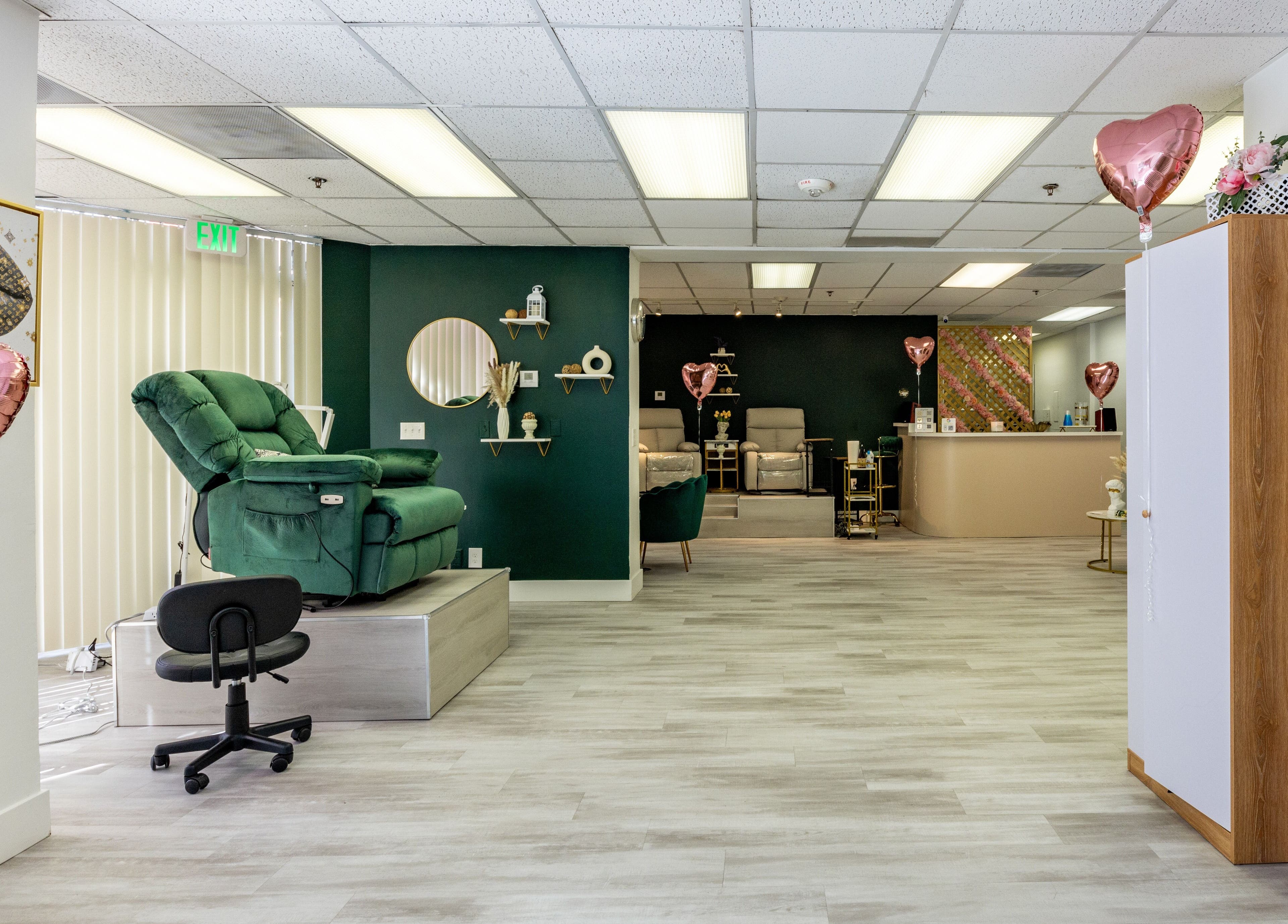 Relaxing interior of Yb Professional Downtown LA in Los Angeles, California, US with plush seating and decor.