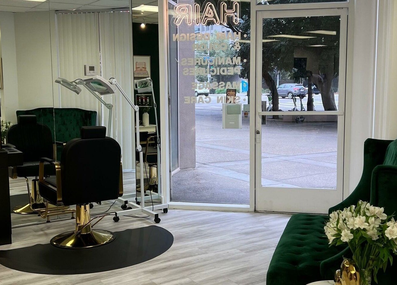 Stylish salon interior at Yb Professional Marina Del Rey in Los Angeles, California, US featuring plush seating and decor.