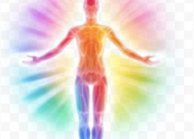 Colorful aura emanating from figure at Lotus Holistics @ Nesta Valley/Lake Paradiso, Chew Magna, England, GB.