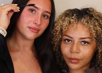 Two women showcasing expertly shaped brows at BROWZD, Birmingham, England, GB.