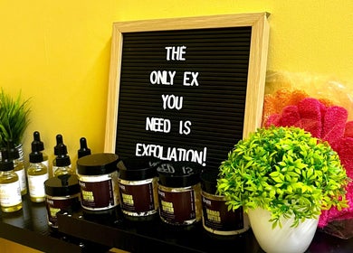 Trū Skin Studio's exfoliation products display in vibrant Lucea, Hanover Parish, JM setting.