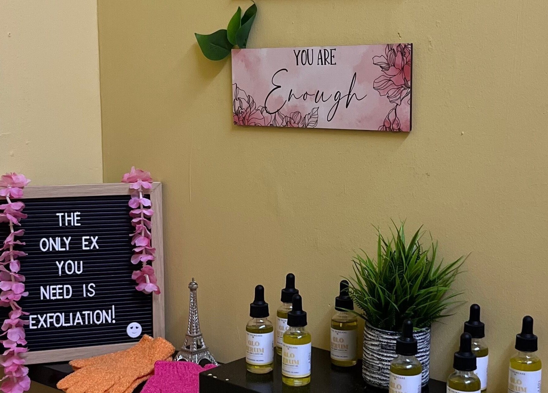 Tru Skin Studio's exfoliation display in Lucea, Hanover Parish, JM showcasing skincare products and decor.