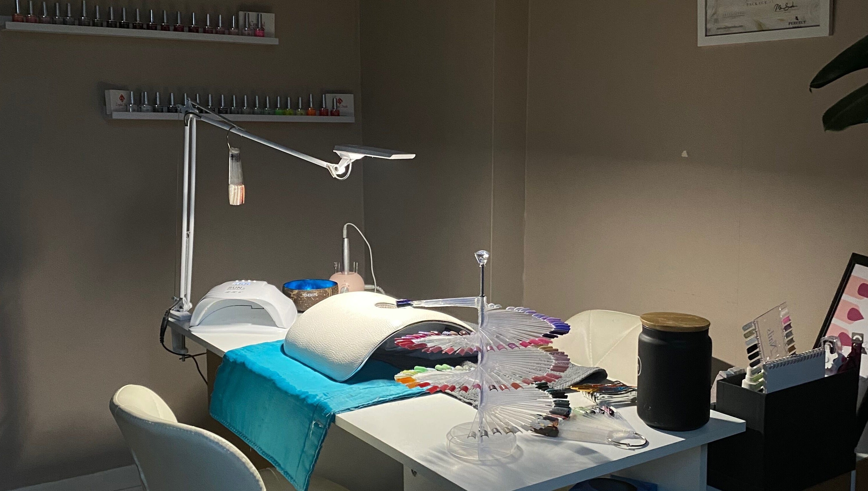 SofiNails (Home-based studio) manicure setup with vibrant polishes in Edinburgh, Scotland, GB.