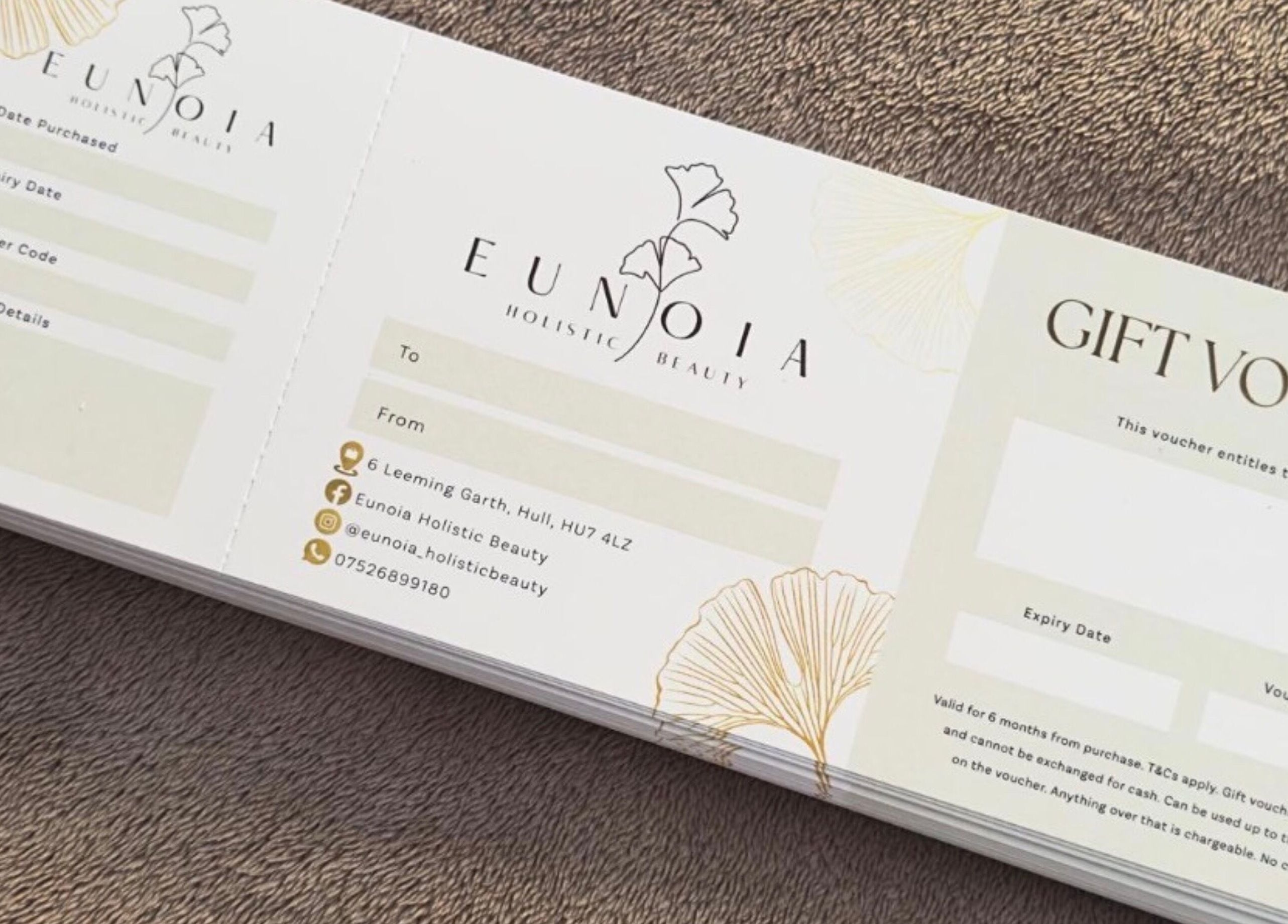 Gift voucher for Eunoia holistic beauty, Hull, England, GB showcasing elegance and contact details.
