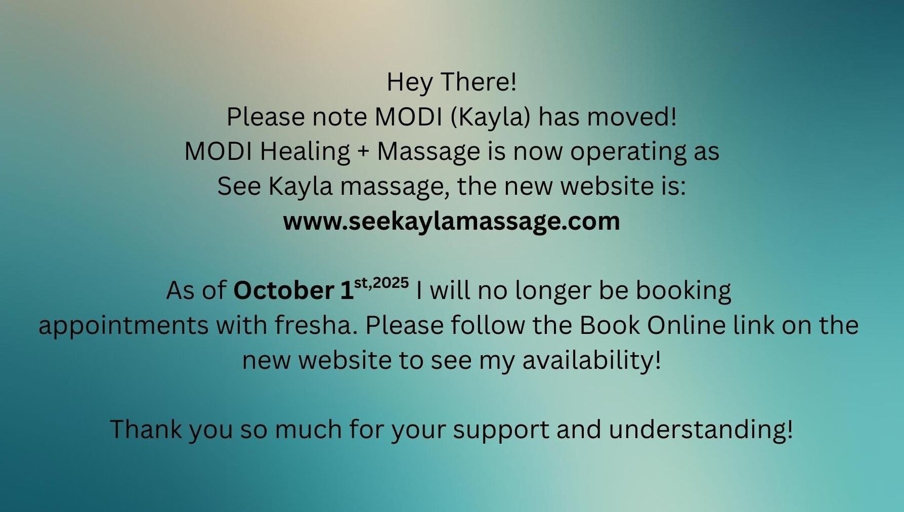 MODI Healing + Massage relocation notice in Roberts Creek, British Columbia, CA.