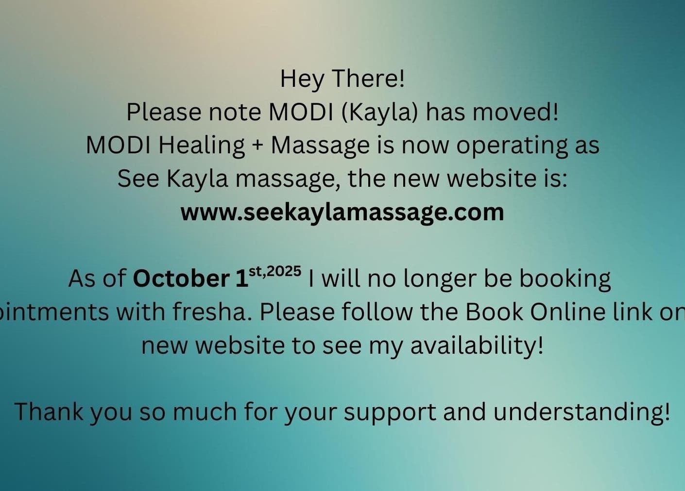 MODI Healing + Massage relocation notice in Roberts Creek, British Columbia, CA.