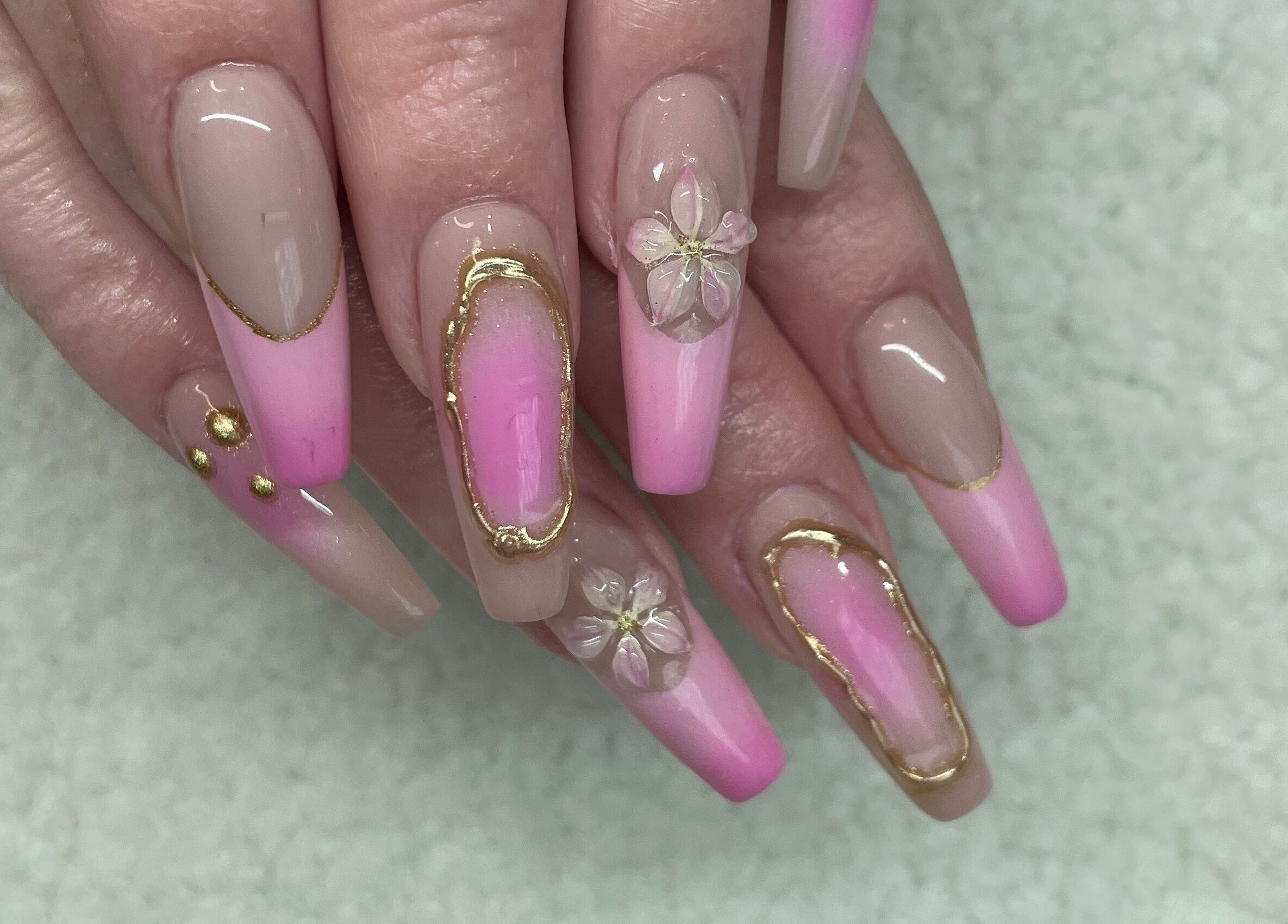Pink and gold nail art at Raw Claws Beauty, Lismore, New South Wales, AU showcasing exquisite designs.