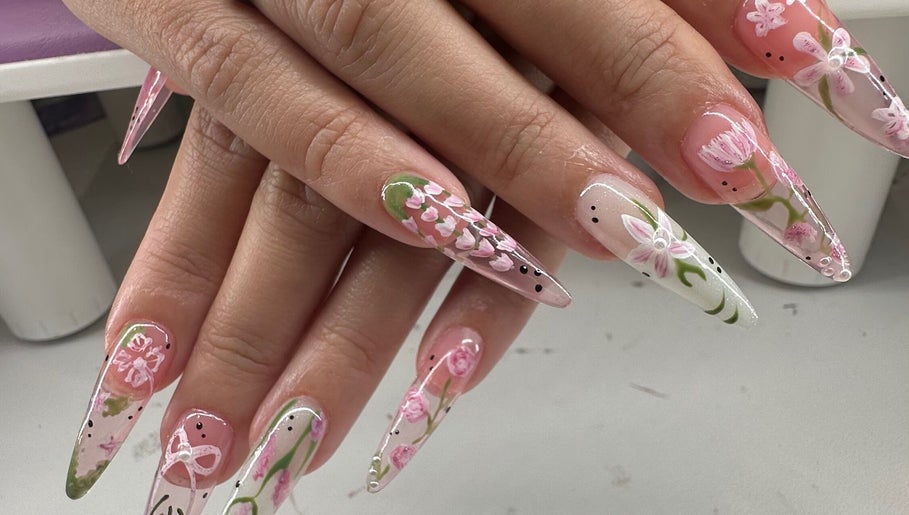 Intricate floral nail art design at KCNailStudio, Logan Reserve, Queensland, AU showcasing delicate craftsmanship.