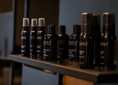 Shelf with grooming products at Two's Barbershop, Riyadh, Riyadh Province, SA.