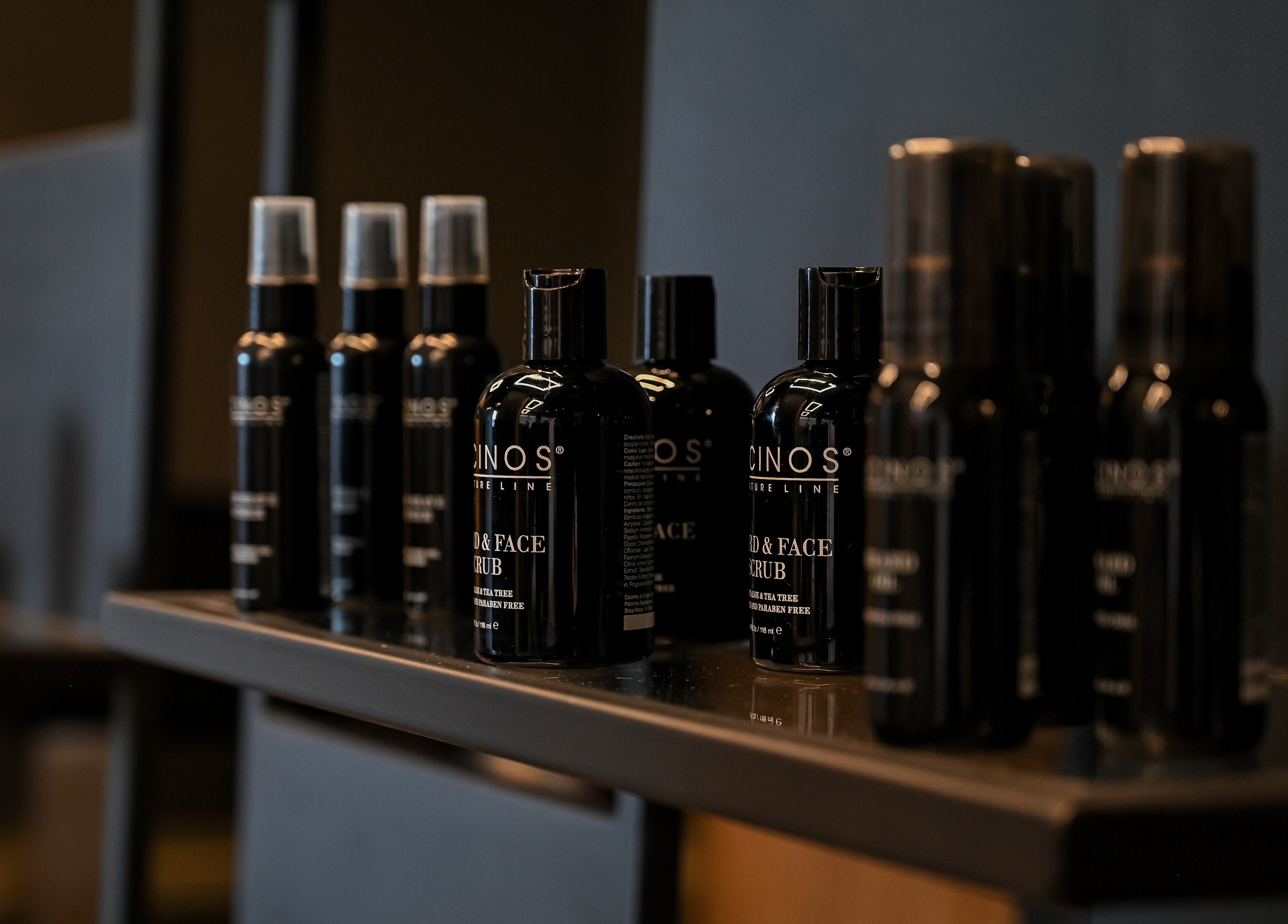 Shelf with grooming products at Two's Barbershop, Riyadh, Riyadh Province, SA.