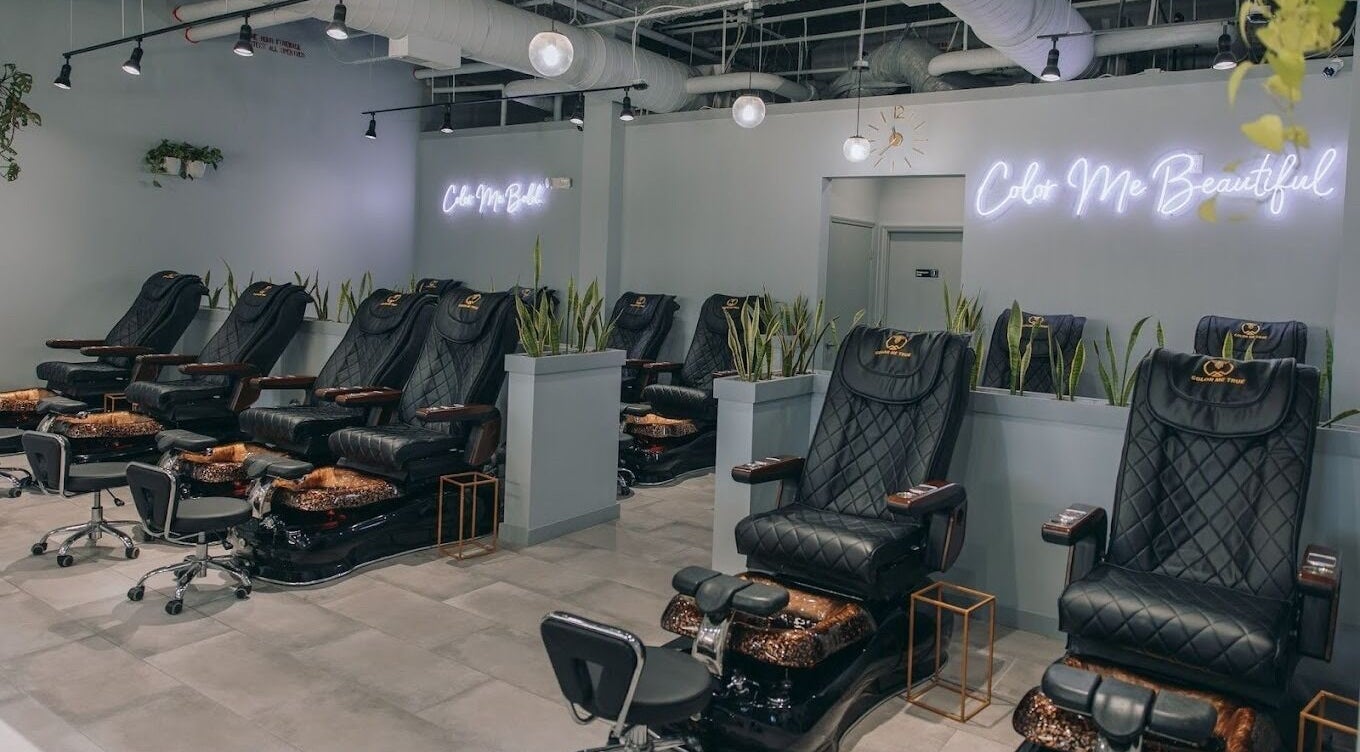 Luxurious pedicure chairs at Color Me True Nail Bar in Nashville, Tennessee, US, offering relaxation and style.