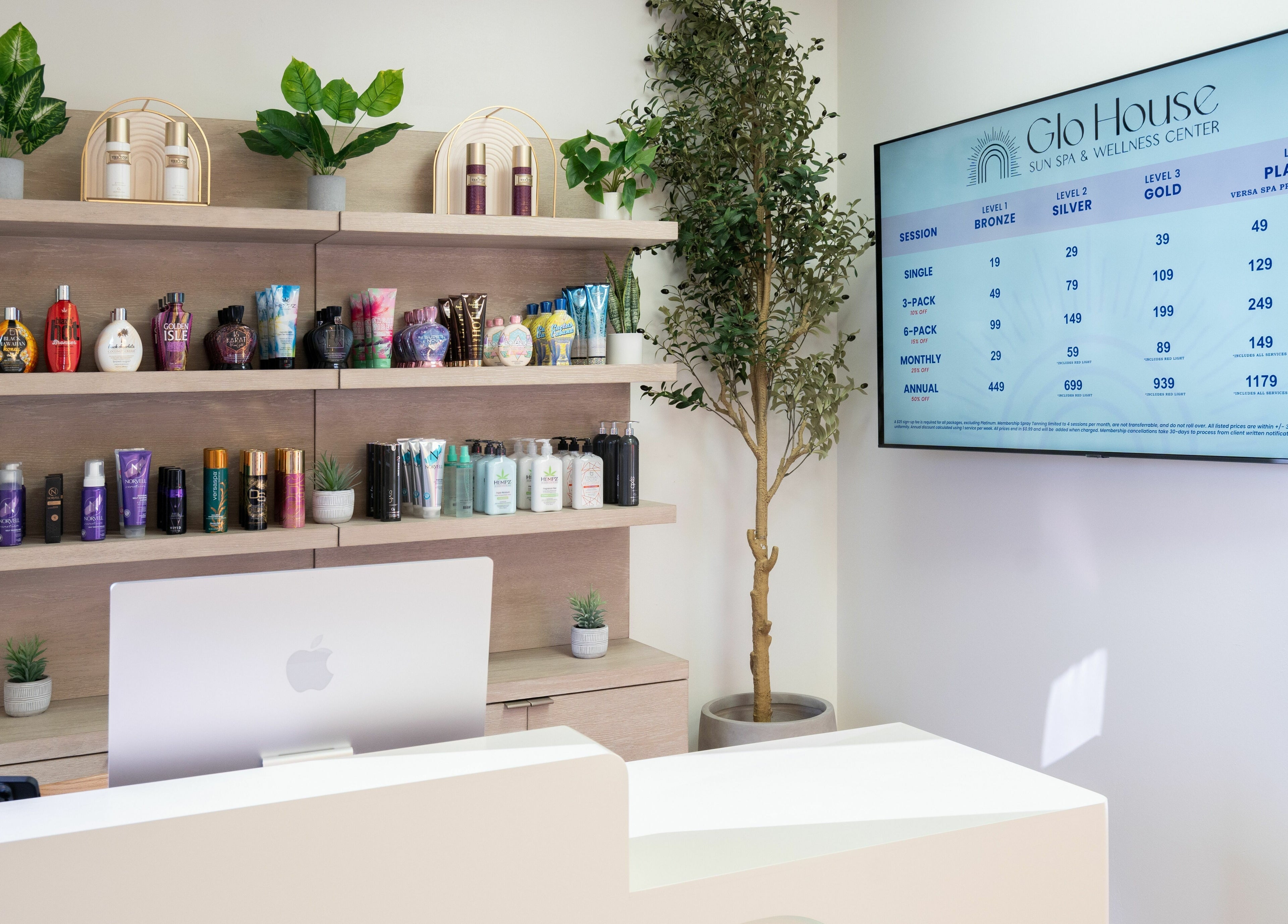 Reception area at Glo House Sun Spa and Wellness Center in Las Vegas, Nevada, US with products and menu.