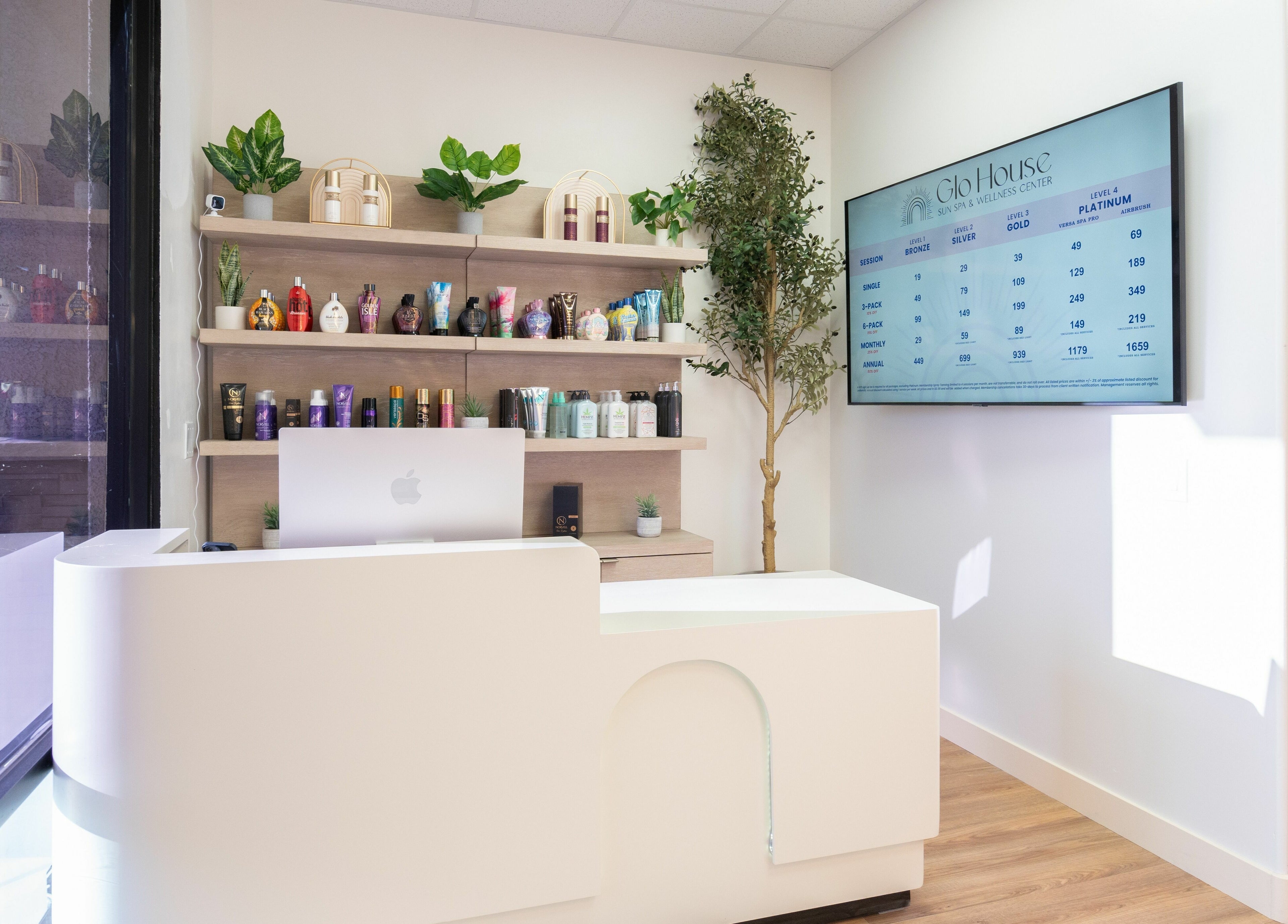 Reception area at Glo House Sun Spa and Wellness Center in Las Vegas, Nevada with display of products.