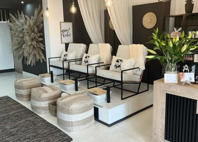 Luxurious nail lounge at SôR Salon, Pretoria, Gauteng, ZA featuring stylish seating and decor.