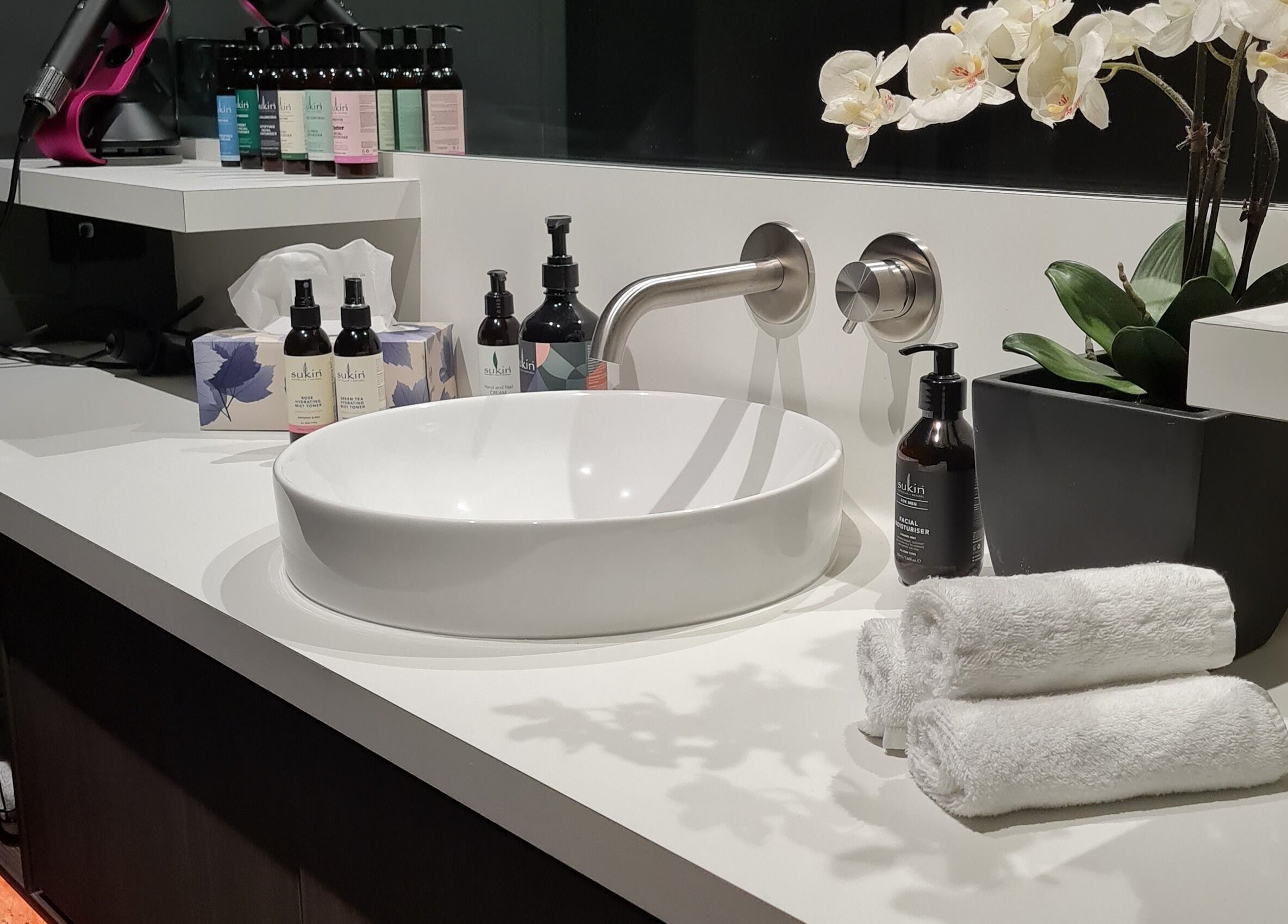 Modern sink with luxury products in The Floatation Sanctuary and Recovery Centre, New Plymouth, Taranaki, NZ.