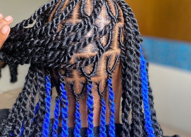 Detailed twist braids with blue accents at Locs by Shawna, Montego Bay, St. James Parish, JM.