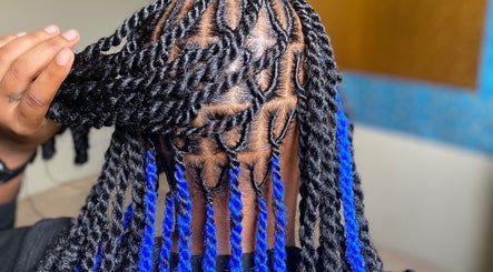 Detailed twist braids with blue accents at Locs by Shawna, Montego Bay, St. James Parish, JM.